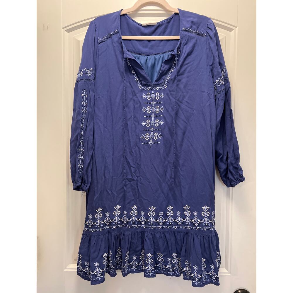 Westport Women’s Cut V Neck Bohemian Tunic Embroidered Dress Size XL Petite Blue